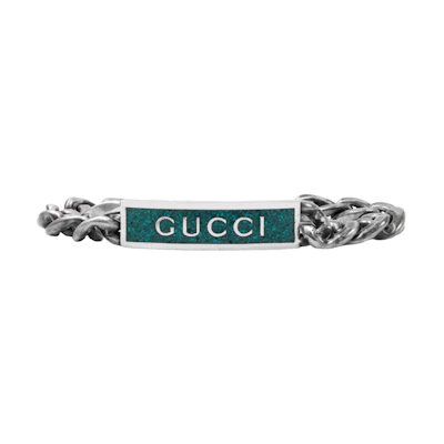 (Women) GUCCI Green Enamel Silver Bracelet 925 Sterling Silver Vintage Style. 678712-J8410-8183