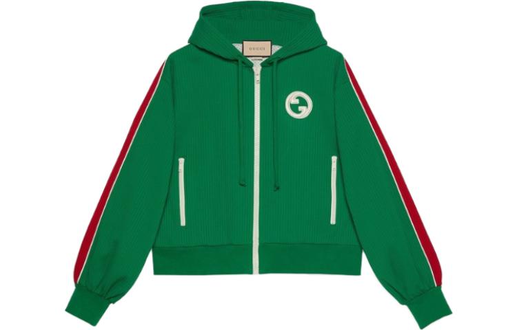 (Women) GUCCI  Green Striped Logo Embroidered Hooded Jacket 743073-XJFIJ-3348