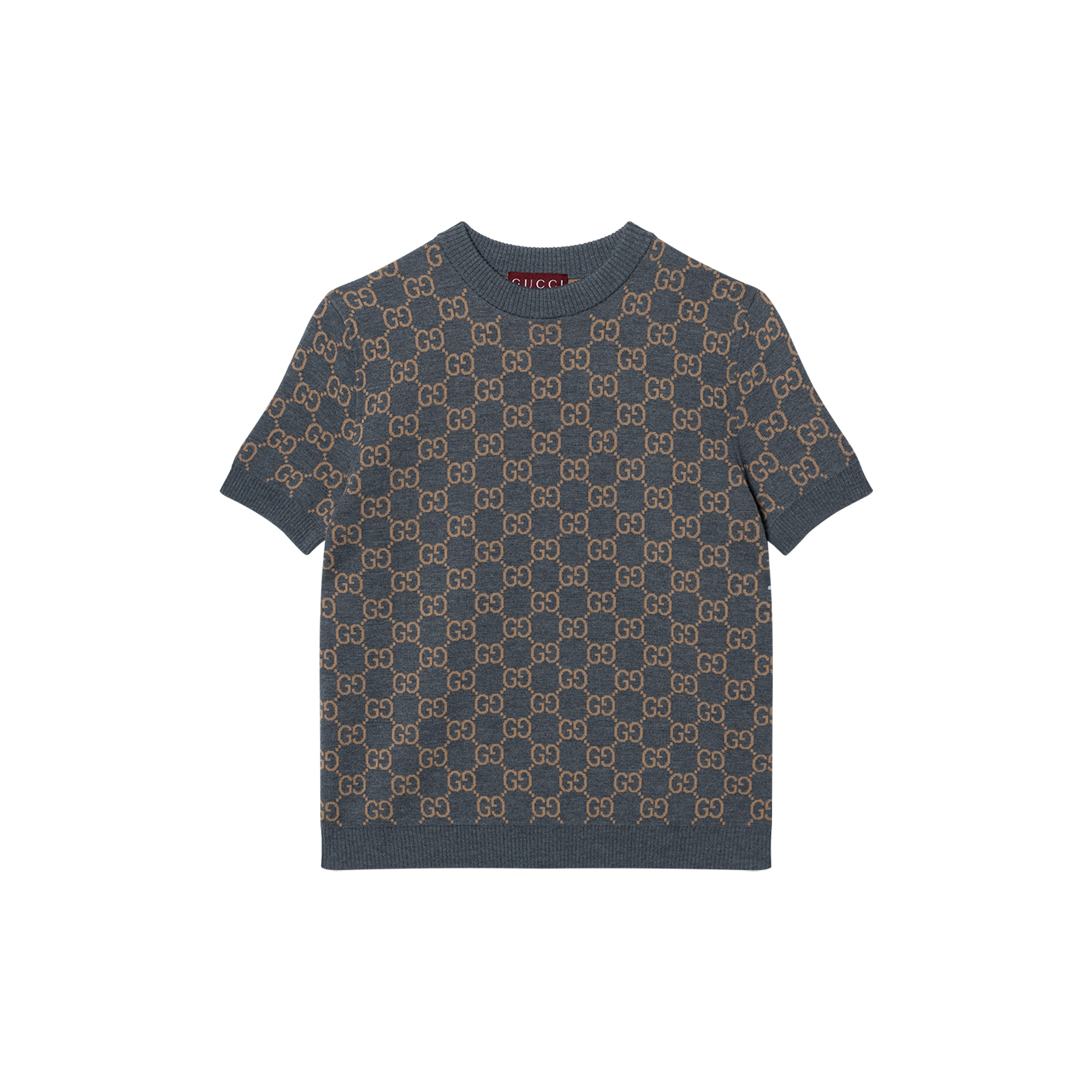 (Women) GUCCI  Grey Jacquard Logo Pattern Crew Neck Short Sleeve Sweater. 798159-XKD8T-1013