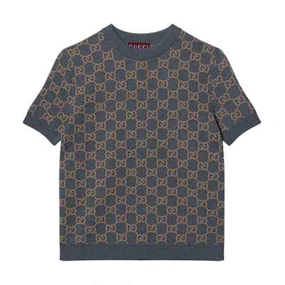 (Women) GUCCI Grey Jacquard Logo Pattern Crew Neck Short Sleeve Sweater. 798159-XKD8T-1013