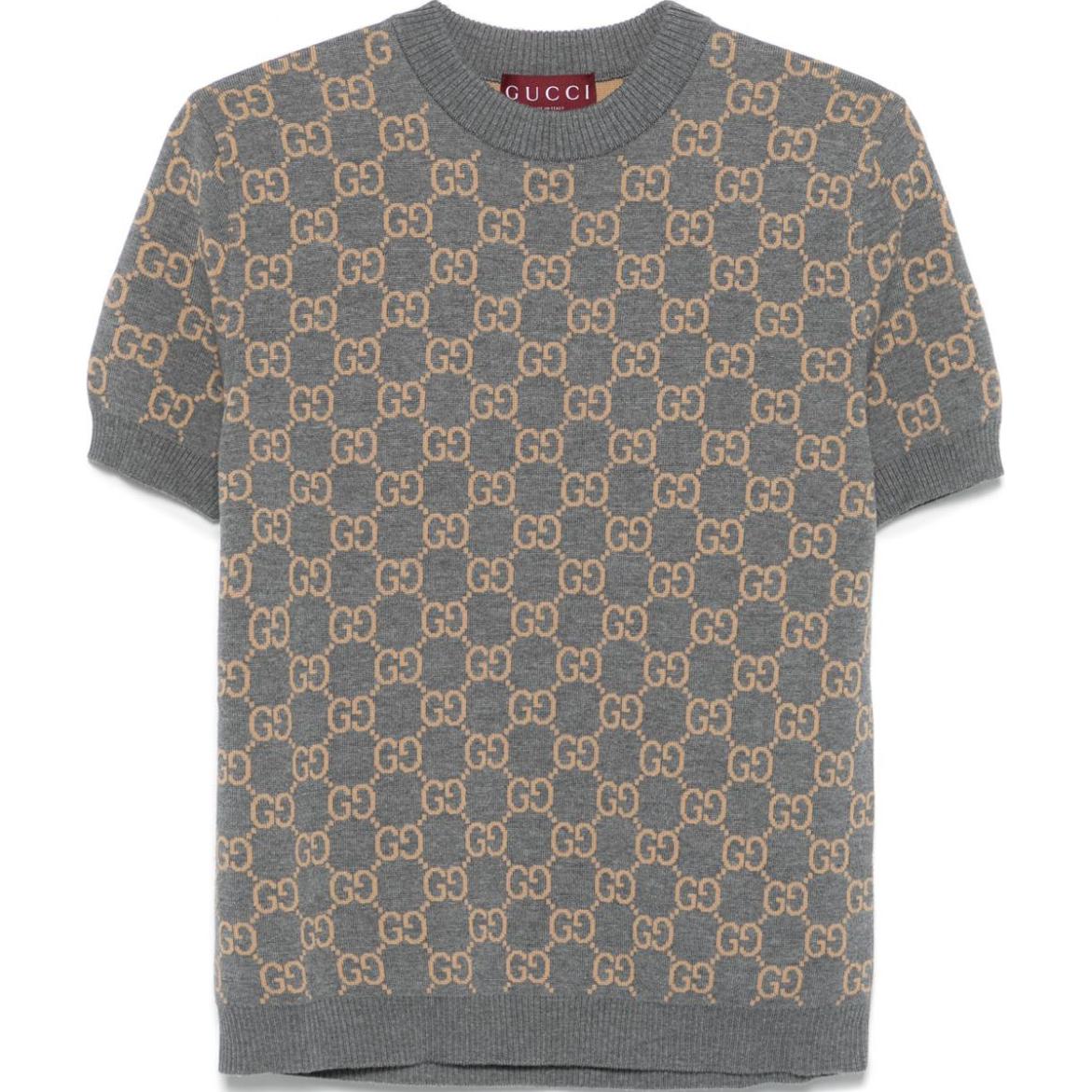 Order (Women) GUCCI  Grey Jacquard Logo Pattern Crew Neck Short Sleeve Sweater. 798159-XKD8T-1013