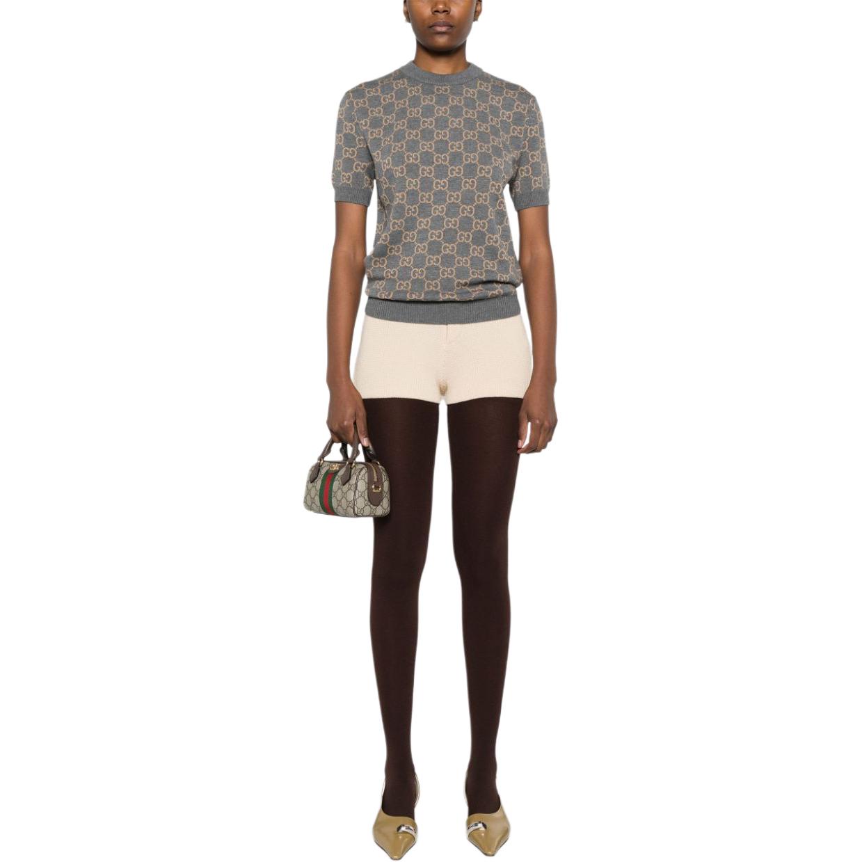 Lookbook (Women) GUCCI  Grey Jacquard Logo Pattern Crew Neck Short Sleeve Sweater. 798159-XKD8T-1013