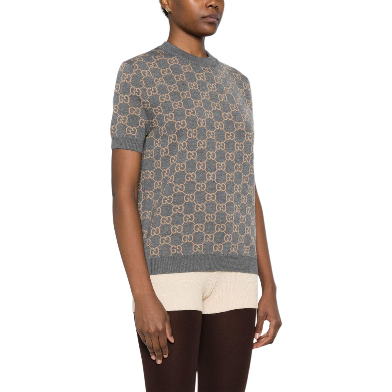 Purchase (Women) GUCCI  Grey Jacquard Logo Pattern Crew Neck Short Sleeve Sweater. 798159-XKD8T-1013