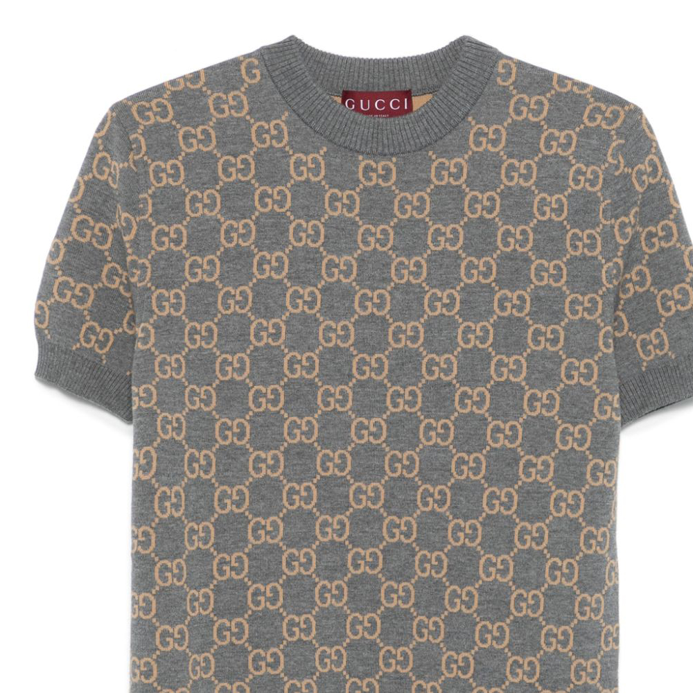 Details for (Women) GUCCI  Grey Jacquard Logo Pattern Crew Neck Short Sleeve Sweater. 798159-XKD8T-1013
