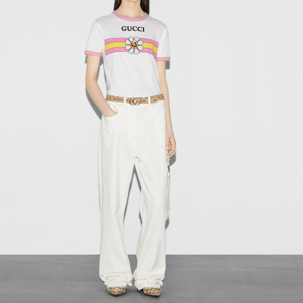 (Women) GUCCI  Ivory White Mid-Rise Straight-Leg Jeans with Logo Print. 783947-XDCXX-9200 圖 3