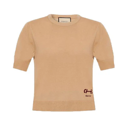 (Women) GUCCI Knitted Short-Sleeve T-Shirt with Logo Print in Khaki. 731061-XKCZ3-2184