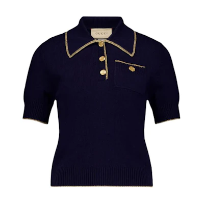 (Women) GUCCI Navy Blue Polo Shirt with Buttoned Collar Slim Fit. 748922-XKCHF-4769