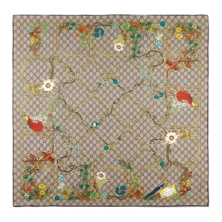 (Women) GUCCI  Patterned Silk Scarf - Brown. 7770663G001