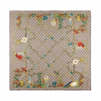 (Women) GUCCI Patterned Silk Scarf - Brown. 7770663G001
