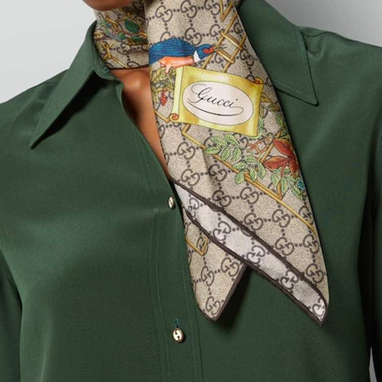 (Women) GUCCI  Patterned Silk Scarf - Brown. 7770663G001 圖 3