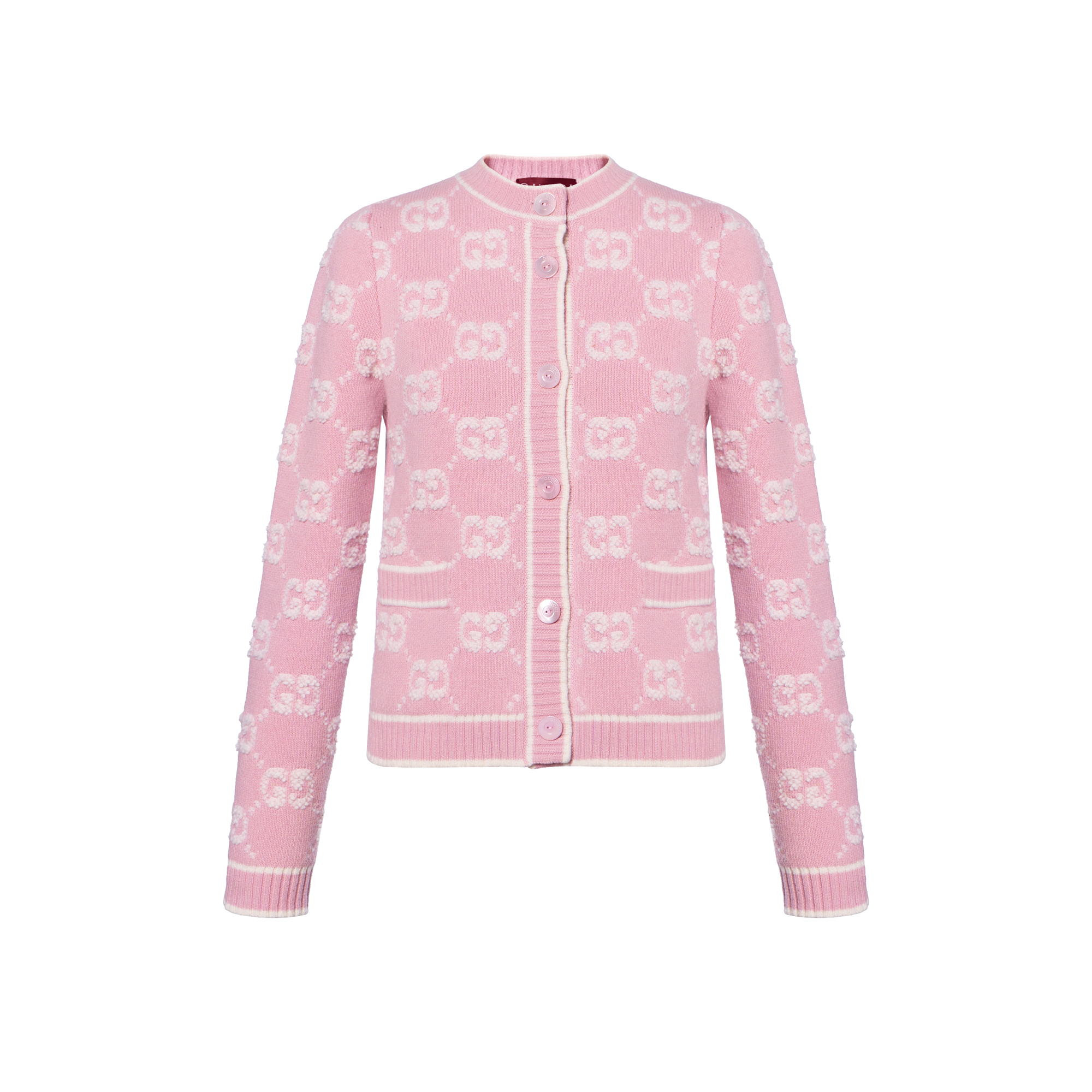 (Women) GUCCI  Pink Embroidered Logo Long-Sleeve Knit Cardigan. 713300-XKELE-6011