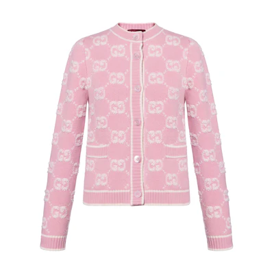 (Women) GUCCI Pink Embroidered Logo Long-Sleeve Knit Cardigan. 713300-XKELE-6011