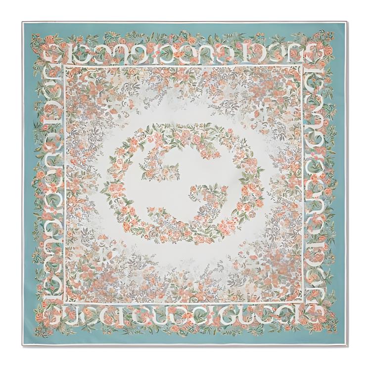 (Women) GUCCI  Pink Floral Print Silk Scarf with Interlocking GG 7831573G0013972