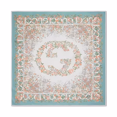 (Women) GUCCI Pink Floral Print Silk Scarf with Interlocking GG 7831573G0013972