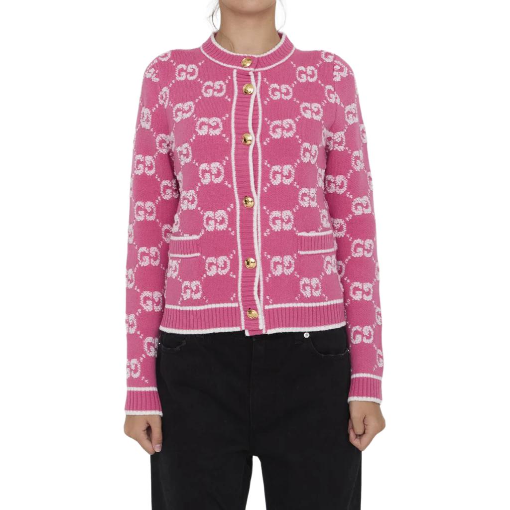 Order (Women) GUCCI  Pink Logo Pattern Knit Button Crewneck Sweater. 713300-XKCNA-5820