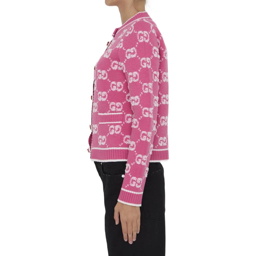 Purchase (Women) GUCCI  Pink Logo Pattern Knit Button Crewneck Sweater. 713300-XKCNA-5820