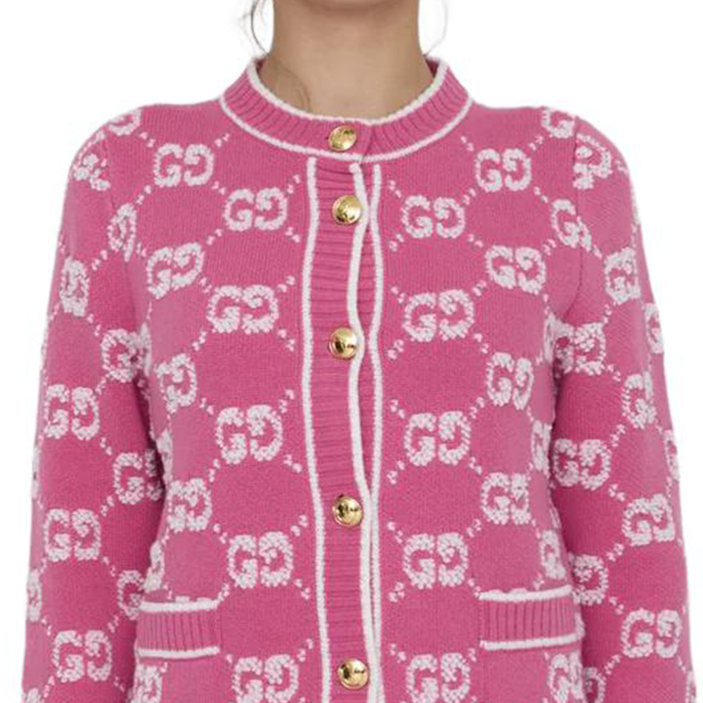 Details for (Women) GUCCI  Pink Logo Pattern Knit Button Crewneck Sweater. 713300-XKCNA-5820