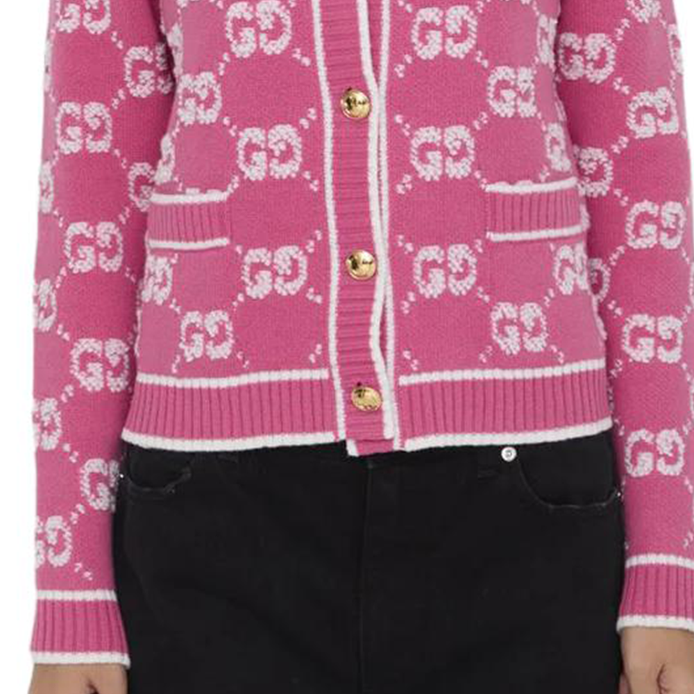 Sizing (Women) GUCCI  Pink Logo Pattern Knit Button Crewneck Sweater. 713300-XKCNA-5820