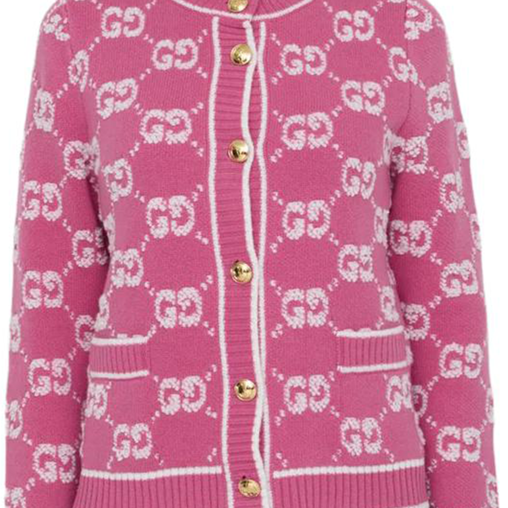 Cheap (Women) GUCCI  Pink Logo Pattern Knit Button Crewneck Sweater. 713300-XKCNA-5820