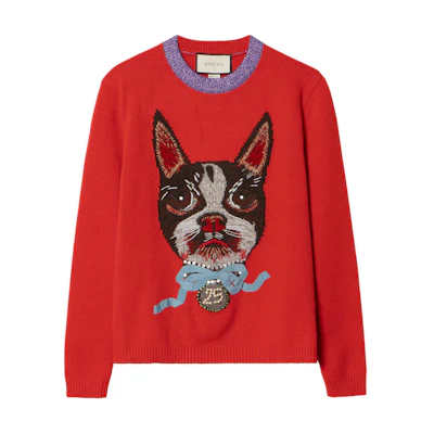 (Women) GUCCI Red Crewneck Sweater with Animal Pattern. 503897-X9P18-6310