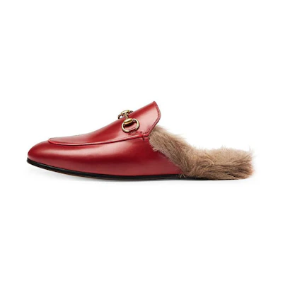 (W) Gucci 'Red Fur-Lined Patent Leather Loafers'