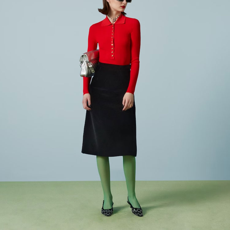 Shop (Women) GUCCI  Red Long Sleeve Solid Polo Shirt. 697673-XKCAJ-6124