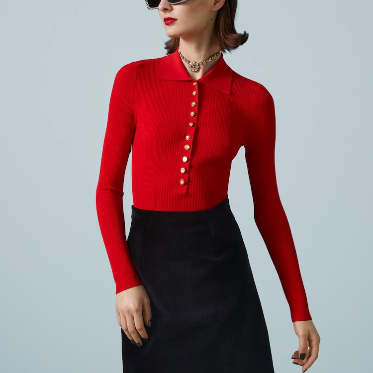 Purchase (Women) GUCCI  Red Long Sleeve Solid Polo Shirt. 697673-XKCAJ-6124