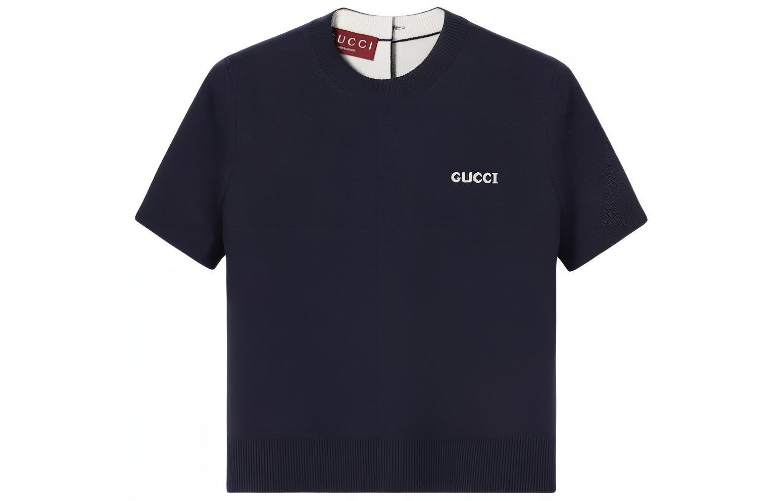 Buy (Women) GUCCI  Short-Sleeve Letter Print Round-Neck T-Shirt Navy Blue. 792130-XKD3P-4012