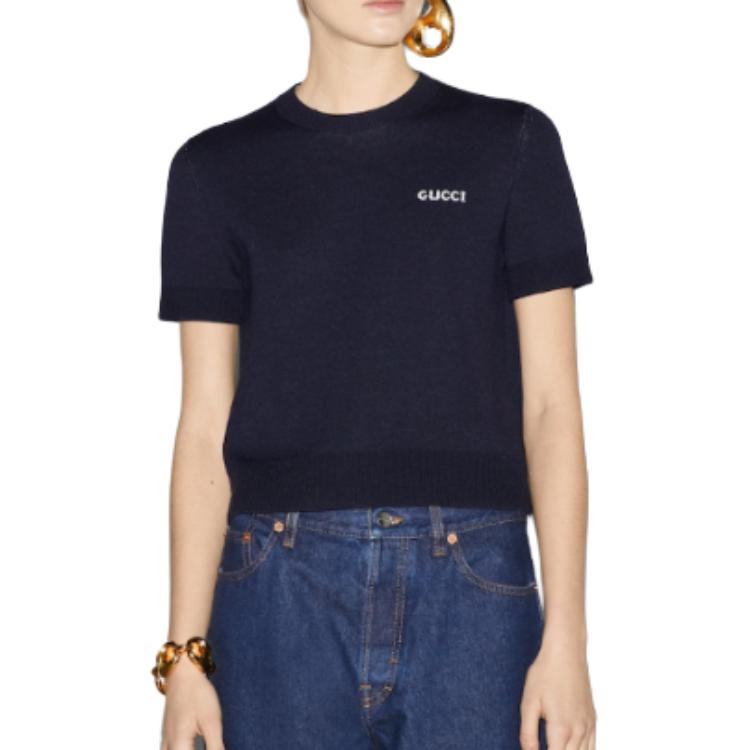 Shop (Women) GUCCI  Short-Sleeve Letter Print Round-Neck T-Shirt Navy Blue. 792130-XKD3P-4012