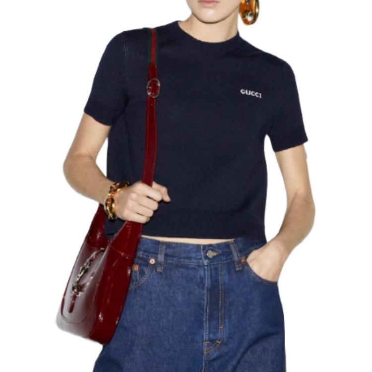 Details for (Women) GUCCI  Short-Sleeve Letter Print Round-Neck T-Shirt Navy Blue. 792130-XKD3P-4012