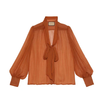 (Women) GUCCI Solid Bow Tie Long Sleeve Shirt - Flame Orange 756360-ZHS78-9809