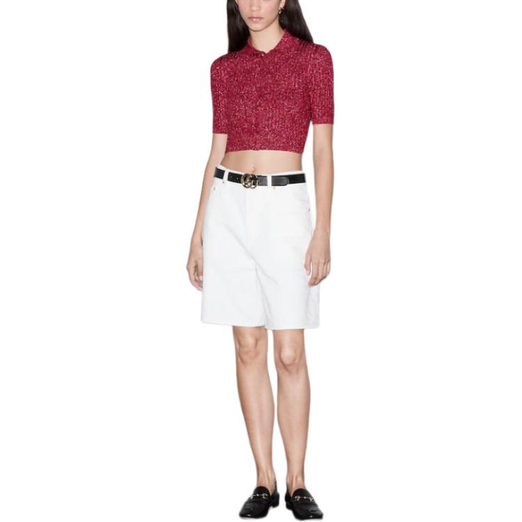 (Women) GUCCI  Solid Color Short Sleeve Knit Polo Shirt Purple Red 782111-XKDWD-5840 圖 3