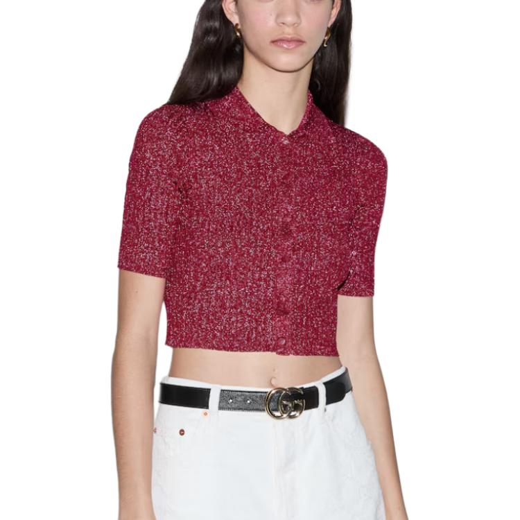 (Women) GUCCI  Solid Color Short Sleeve Knit Polo Shirt Purple Red 782111-XKDWD-5840 圖 4