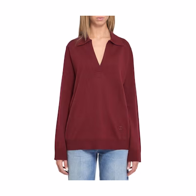 (Women) GUCCI Solid V-Neck Long Sleeve Polo Shirt 793883-XKFA8-6318