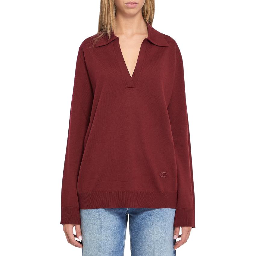 (Women) GUCCI  Solid V-Neck Long Sleeve Polo Shirt 793883-XKFA8-6318 圖 2