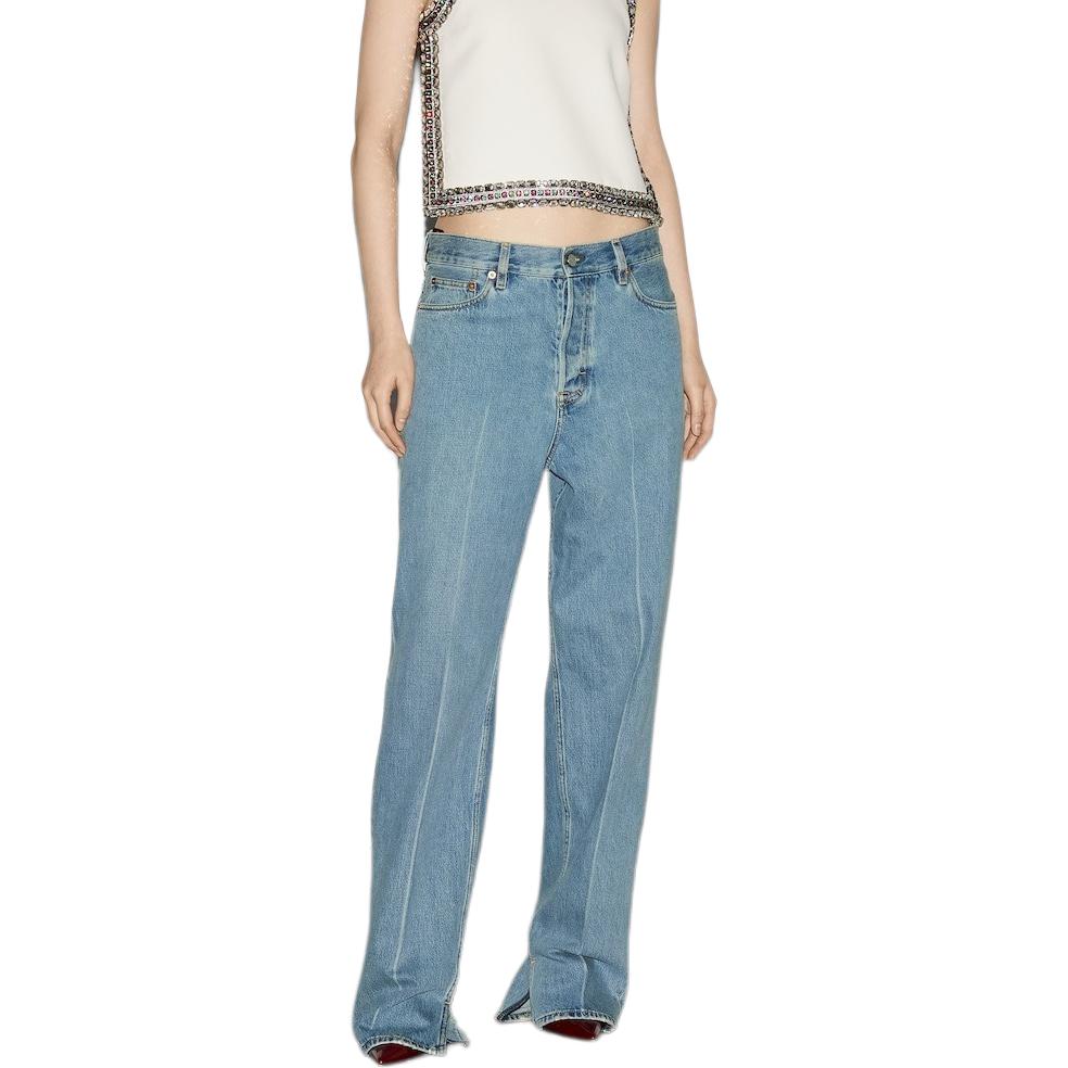 Shop (W) GUCCI 直筒蓝色牛仔裤 带纯色设计与拉链口袋。 786815-XDCXM-4011