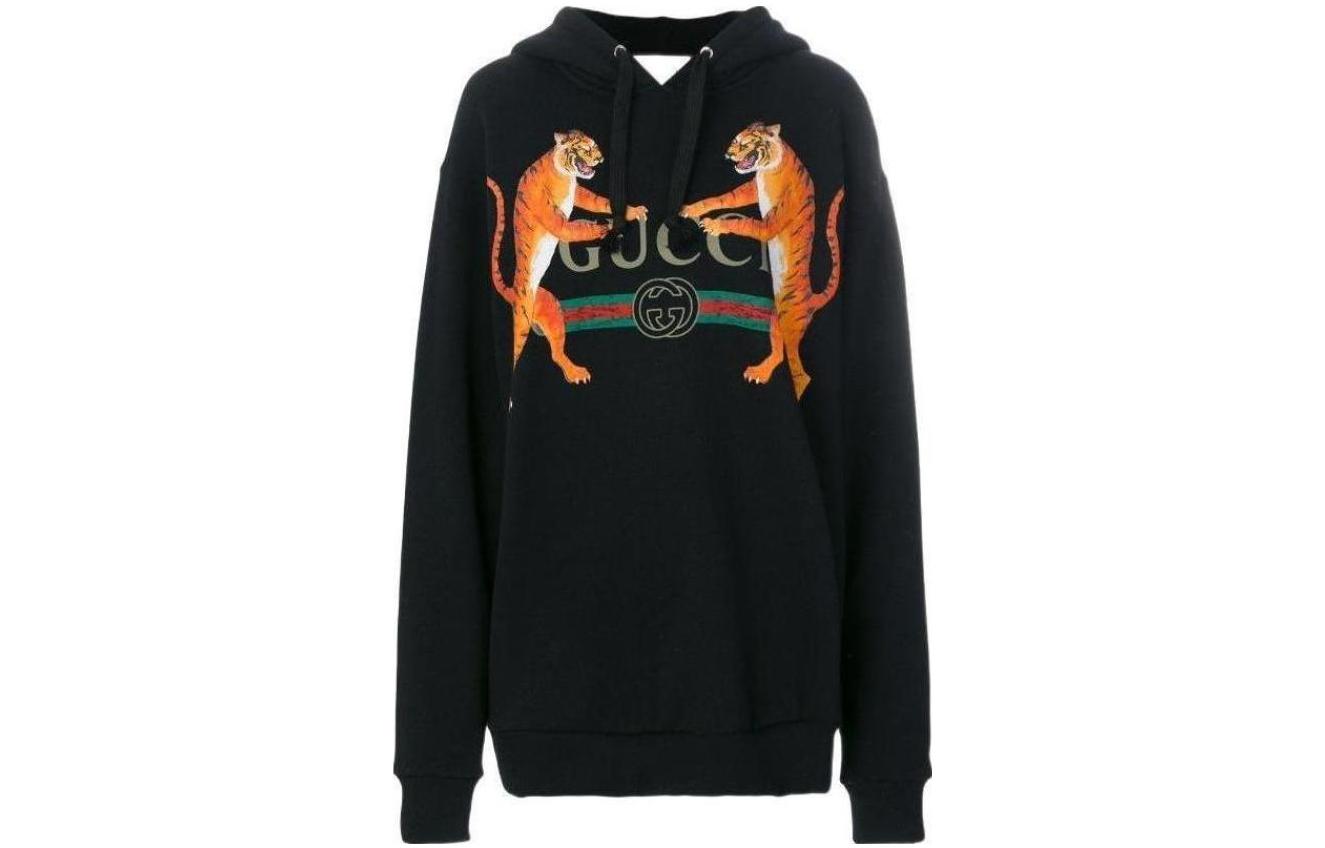 (Women) Gucci 'Tiger Logo Print' Black Hoodie Sweatshirt 469251-X3L48-1082