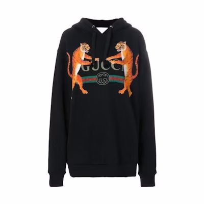 (Women) Gucci 'Tiger Logo Print' Black Hoodie Sweatshirt 469251-X3L48-1082
