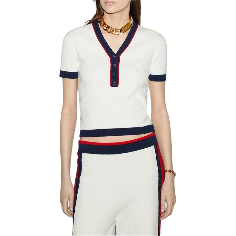 (Women) GUCCI  V-Neck Short Sleeve T-Shirt Beige with Multicolor Stripes 785328-XKD13-9189 圖 4