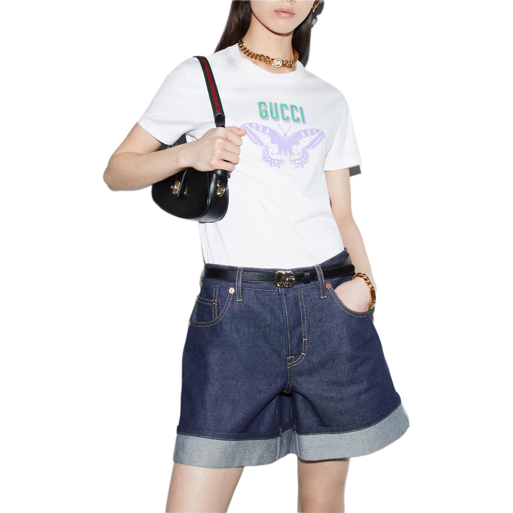 Lookbook (W) GUCCI Camiseta Blanca Cuello Redondo con Logo y Mariposa Impresa 787299-XJGS9-9280