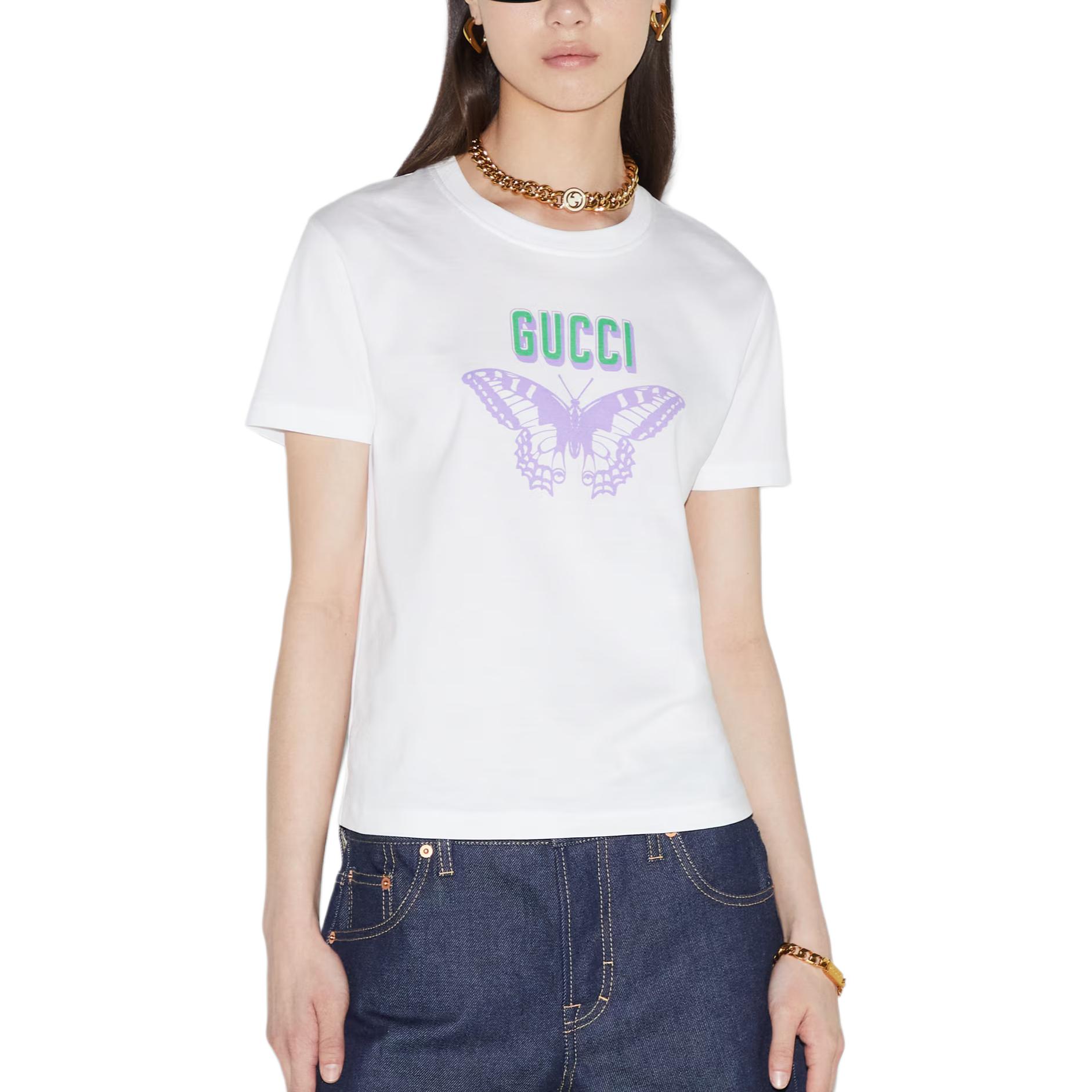 Shop (W) GUCCI Camiseta Blanca Cuello Redondo con Logo y Mariposa Impresa 787299-XJGS9-9280