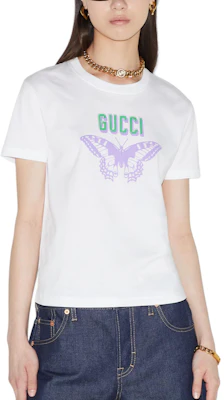 (W) GUCCI Camiseta Blanca Cuello Redondo con Logo y Mariposa Impresa 787299-XJGS9-9280 Shop (W) GUCCI Camiseta Blanca Cuello Redondo con Logo y Mariposa Impresa 787299-XJGS9-9280