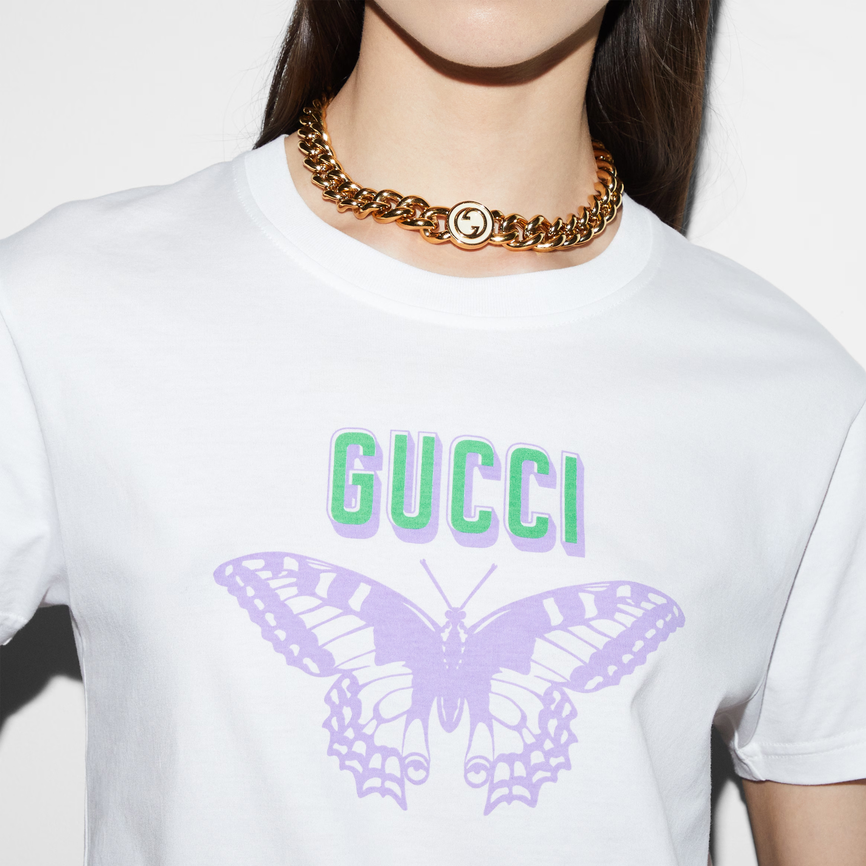 Details for (W) GUCCI Camiseta Blanca Cuello Redondo con Logo y Mariposa Impresa 787299-XJGS9-9280
