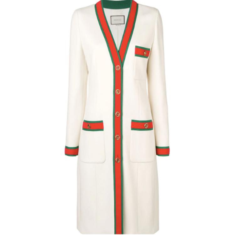 (Women) GUCCI  White Colorblock Slim Fit V-Neck Long Sleeve Mid-Length Coat 518064-ZHW03-9474