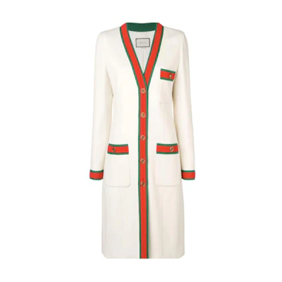 (Women) GUCCI White Colorblock Slim Fit V-Neck Long Sleeve Mid-Length Coat 518064-ZHW03-9474