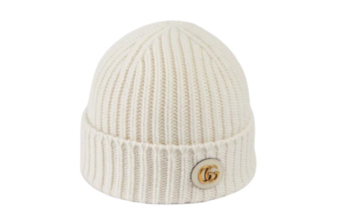 (Women) GUCCI  White Wool Cashmere Beanie with Oval Double G Patch. 7645943GB029200