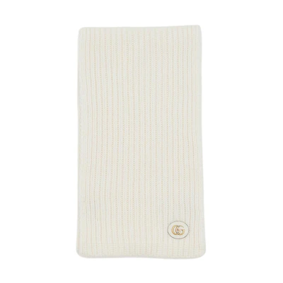 (Women) GUCCI Wool Knit Scarf with Logo Embellishment - White 7734263GB029200