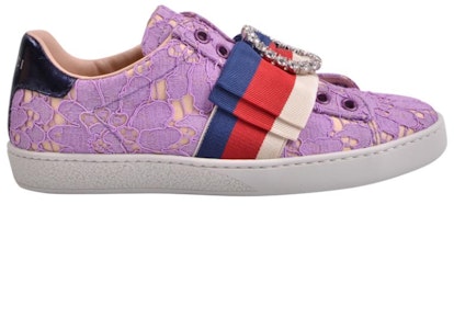 GUCCI 古奇 Ace水鑽圓扣蕾絲花邊運動鞋 女款 紫色 Order GUCCI 古奇 Ace水鑽圓扣蕾絲花邊運動鞋 女款 紫色