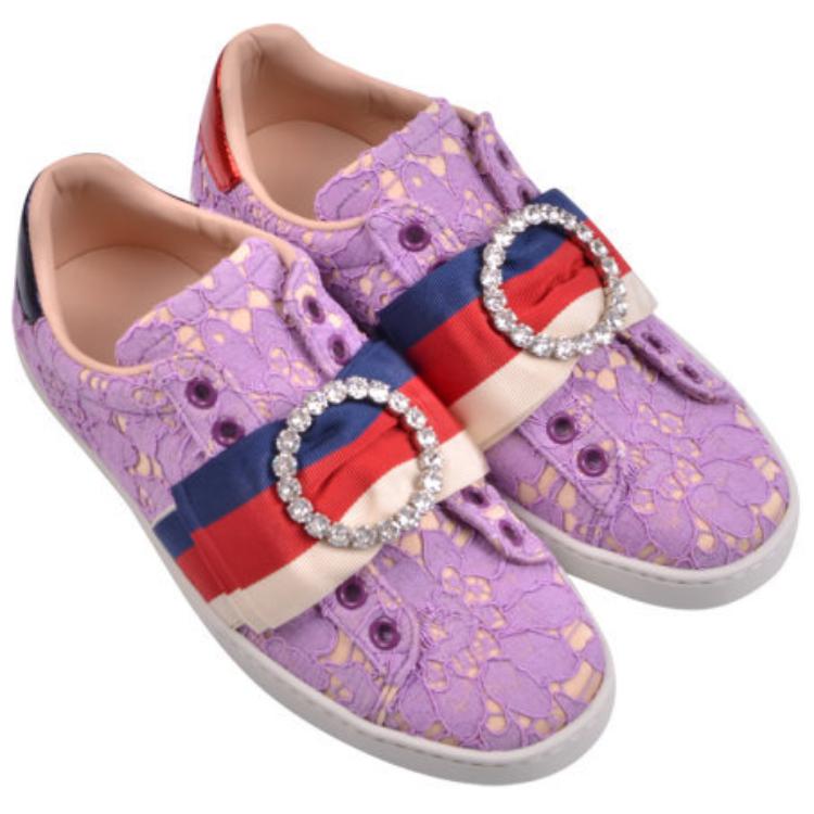 Lookbook GUCCI 古奇 Ace水鑽圓扣蕾絲花邊運動鞋 女款 紫色