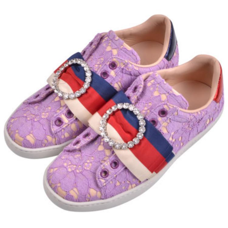 Shop GUCCI 古奇 Ace水鑽圓扣蕾絲花邊運動鞋 女款 紫色